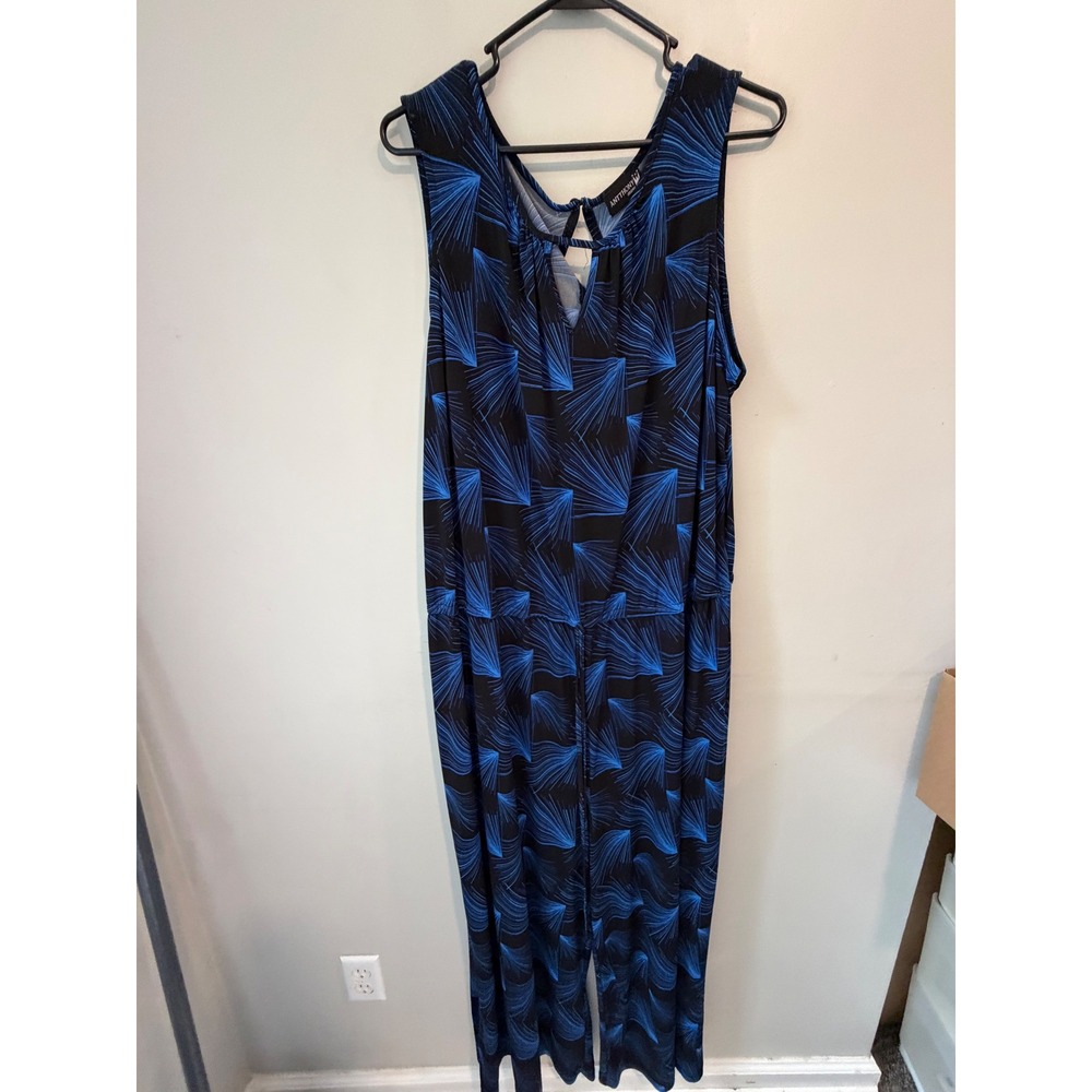 Antthony Original Womens Blue Black Geometric Fan Print Wide Leg Jumpsuit